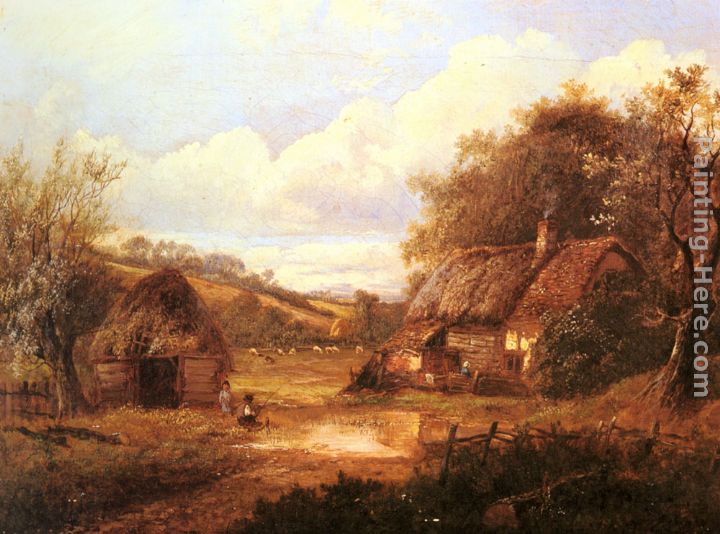 Joseph Thors Landscape with figures outside a thatched cottage